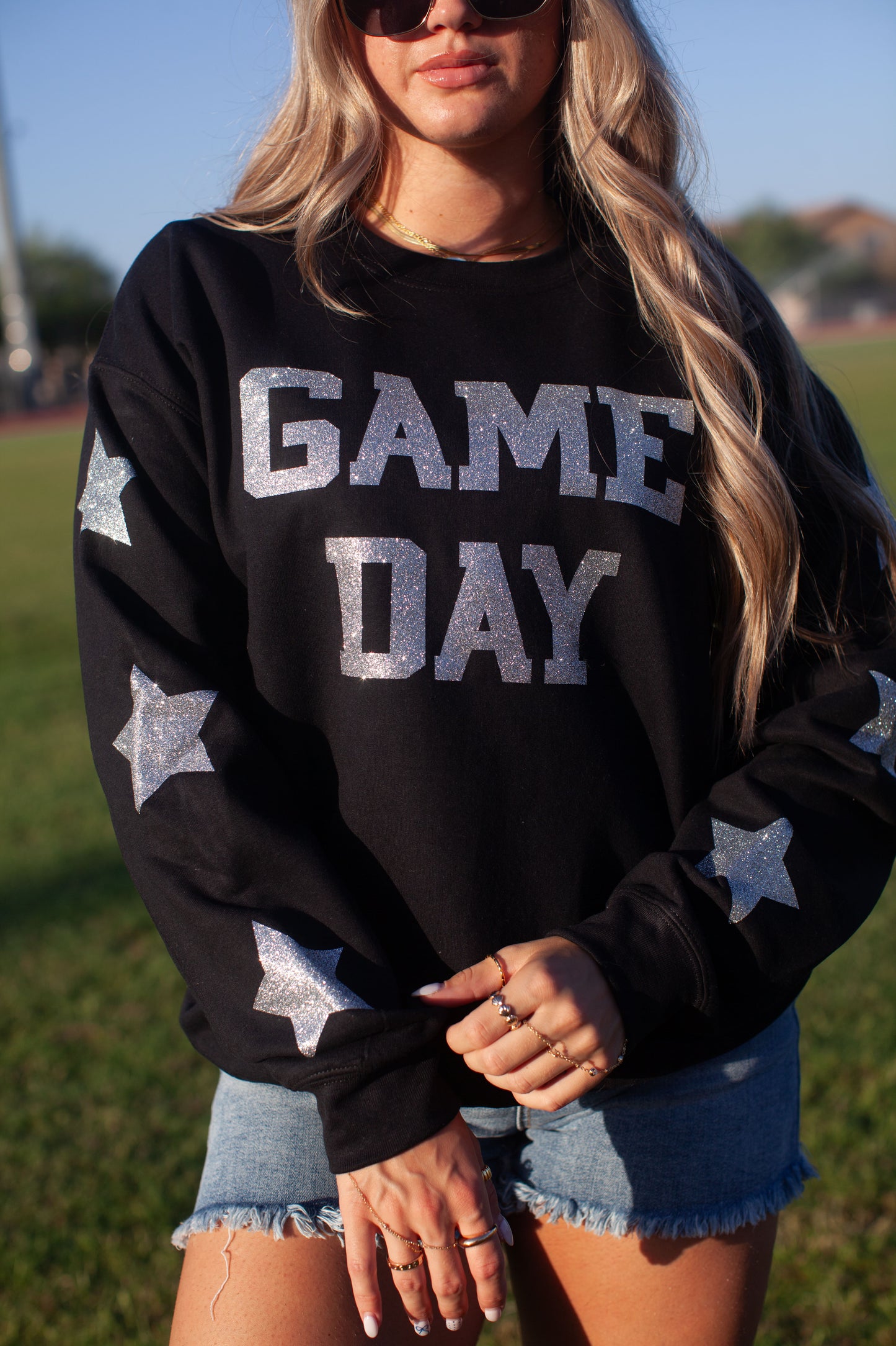 Glam girl glitter game day sweatshirt in black+ silver