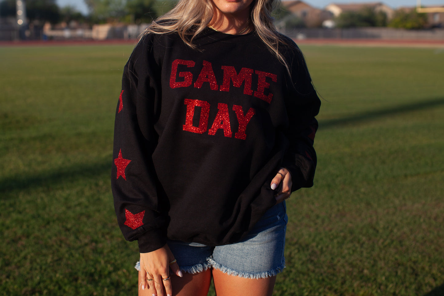 Glam girl glitter game day sweatshirt in black+red