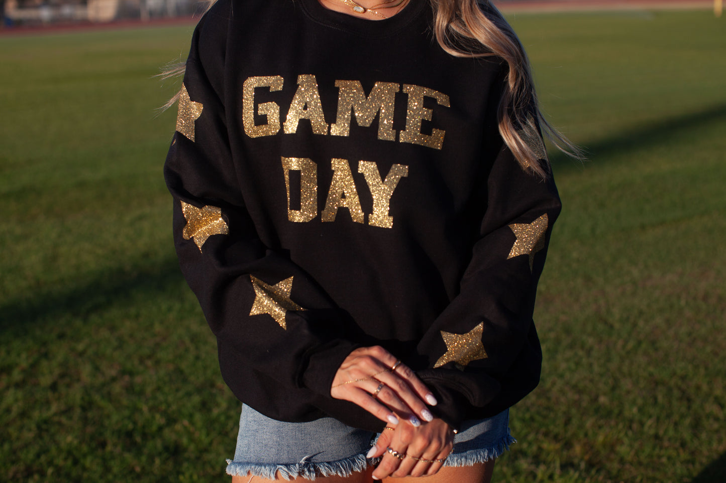 Glam girl glitter game day sweatshirt in black+ gold