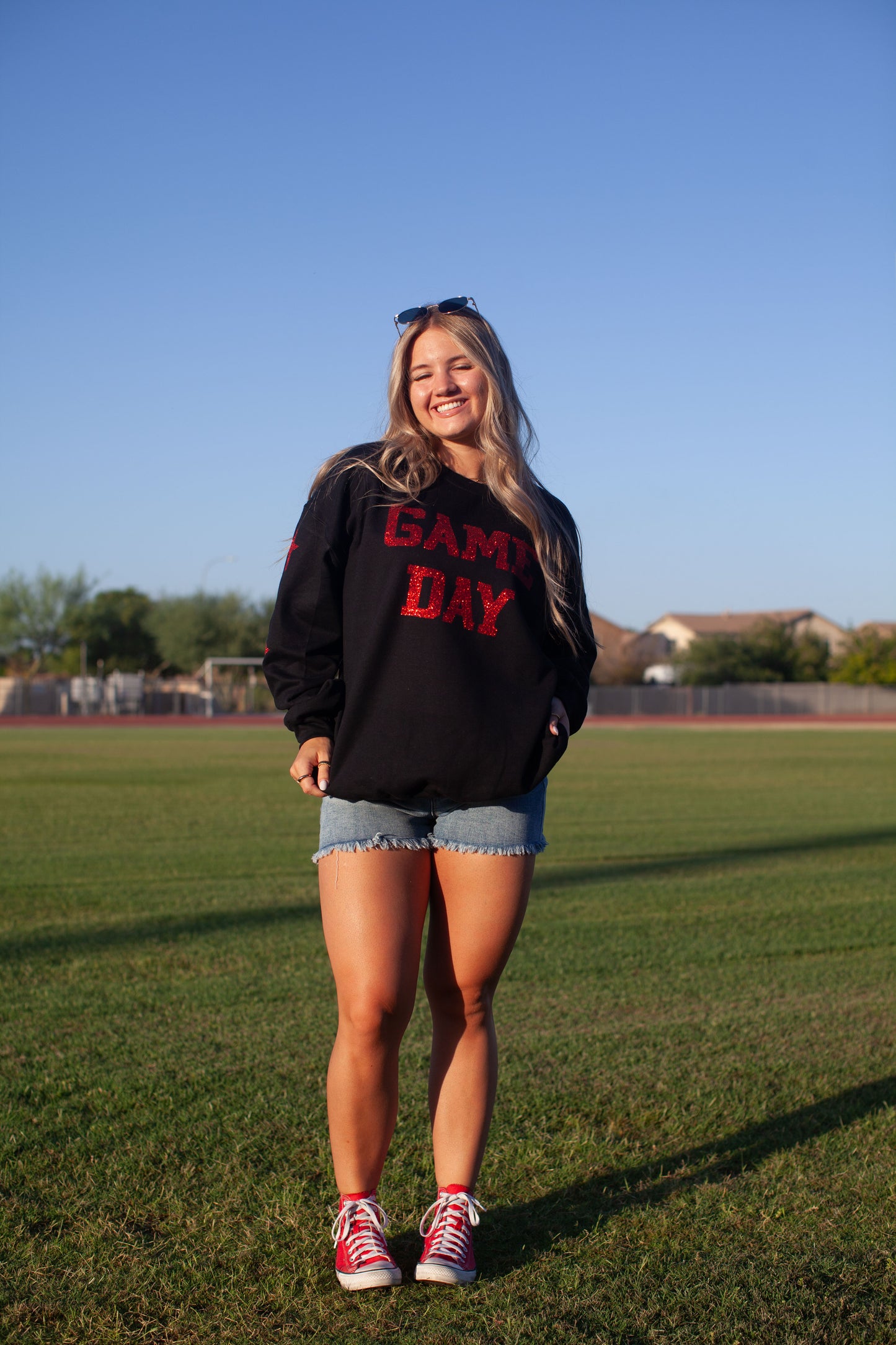 Glam girl glitter game day sweatshirt in black+red