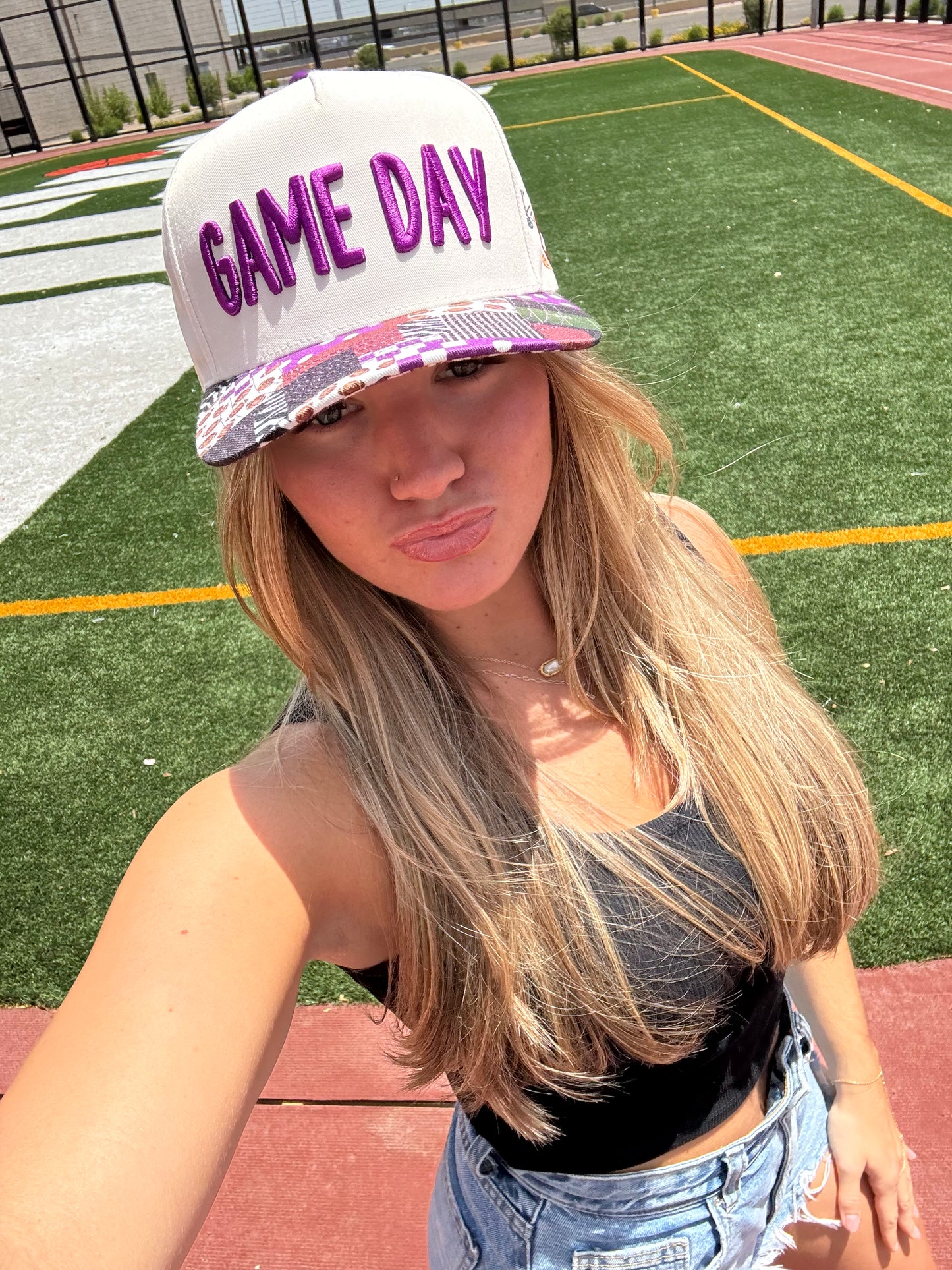 Purple Patchwork gameday trucker hat (preorder ships 8/30)