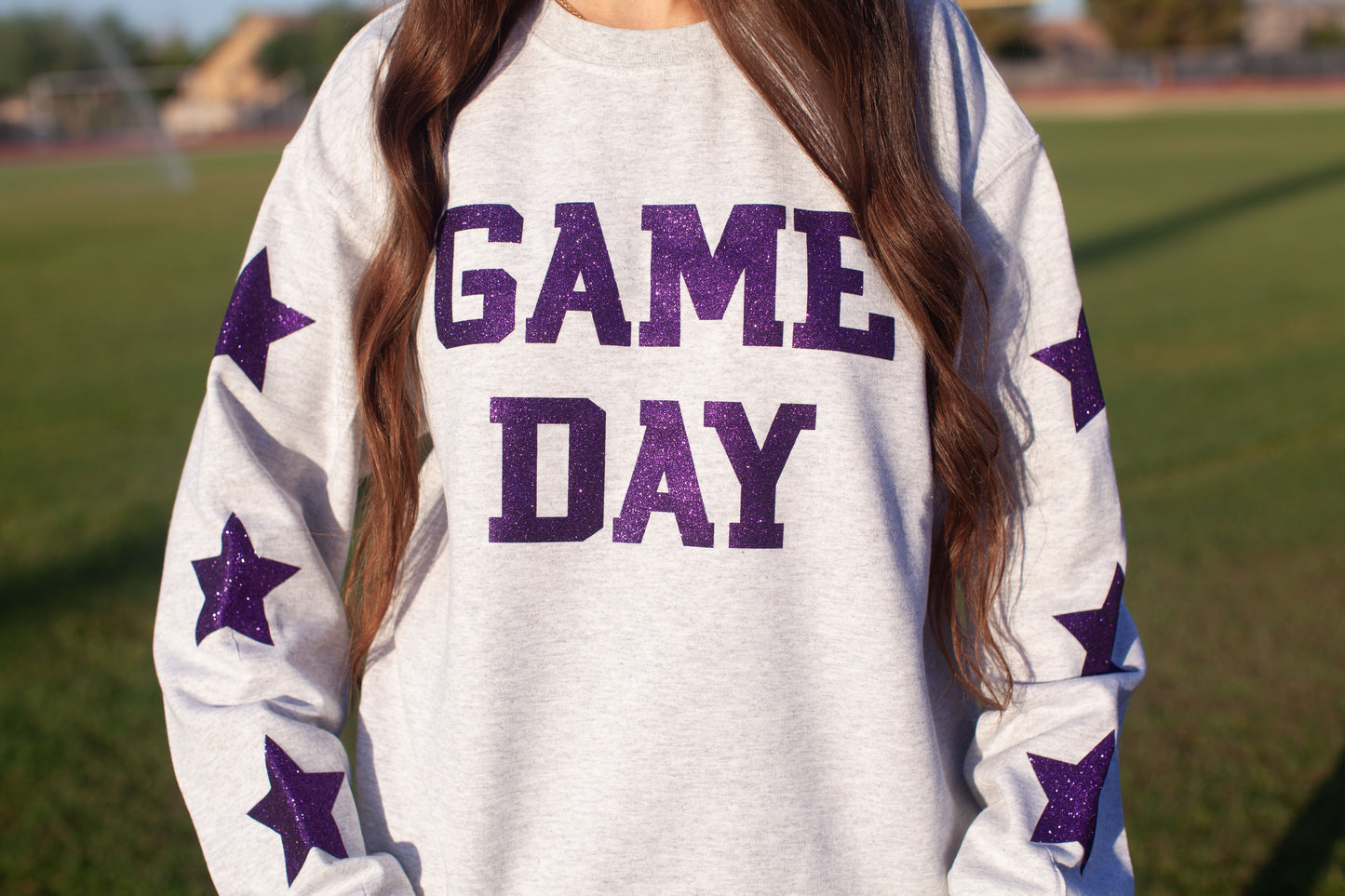 Glam girl glitter game day sweatshirt in purple