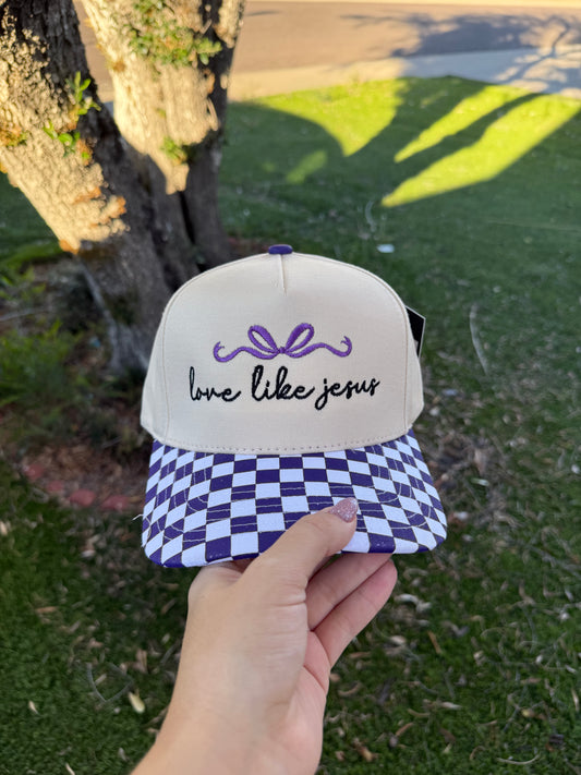Love like Jesus (purple checker) trucker hat
