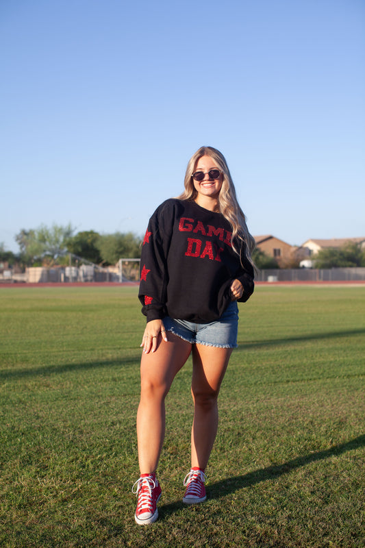 Glam girl glitter game day sweatshirt in black+red