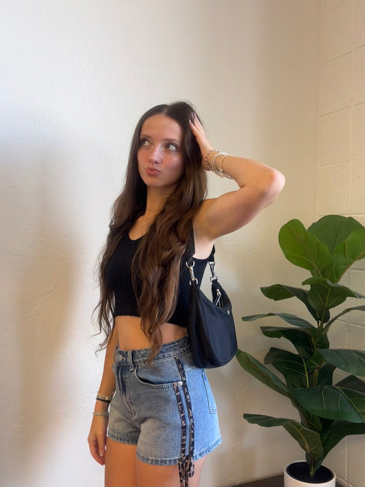 Leopard bow denim shorts