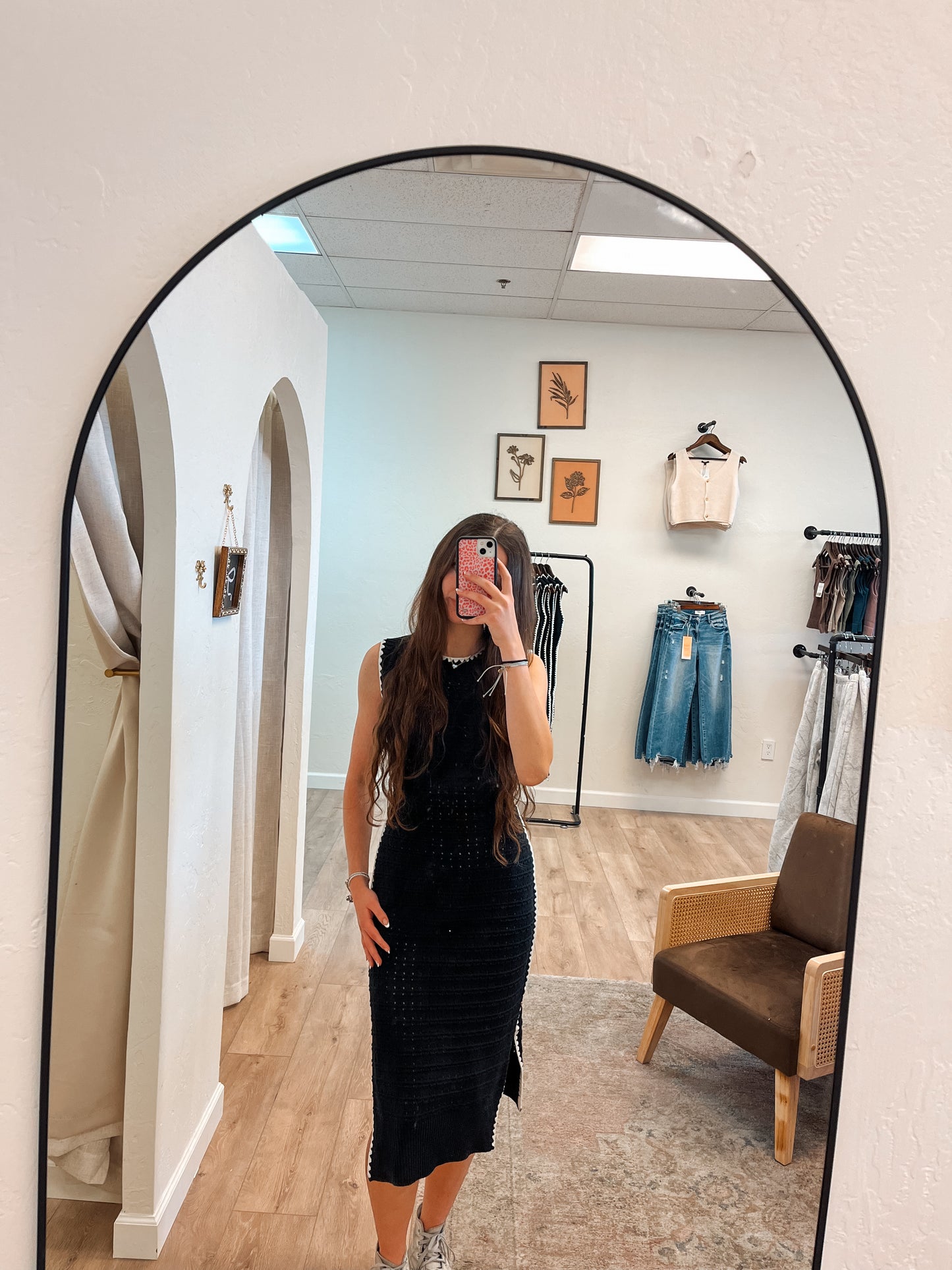 Black knit white binding midi dress