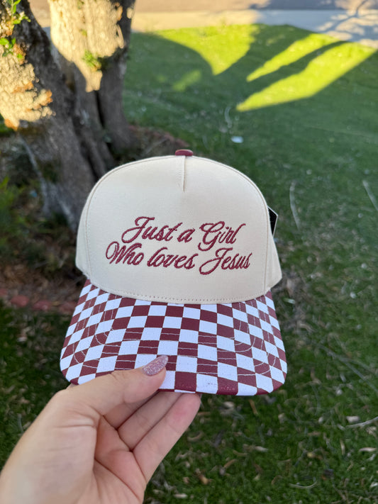 Just a girl who loves Jesus (maroon) trucker hat
