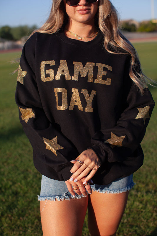Glam girl glitter game day sweatshirt in black+ gold
