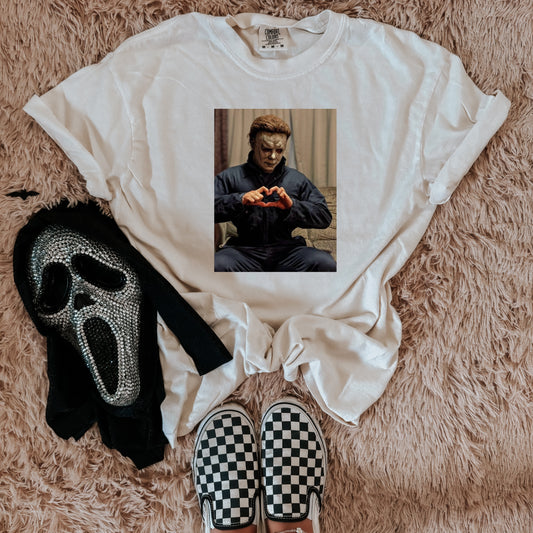 Michael Myers making a heart tee