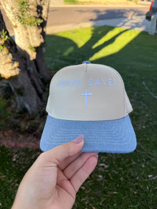 Jesus saves (white & denim) trucker hat