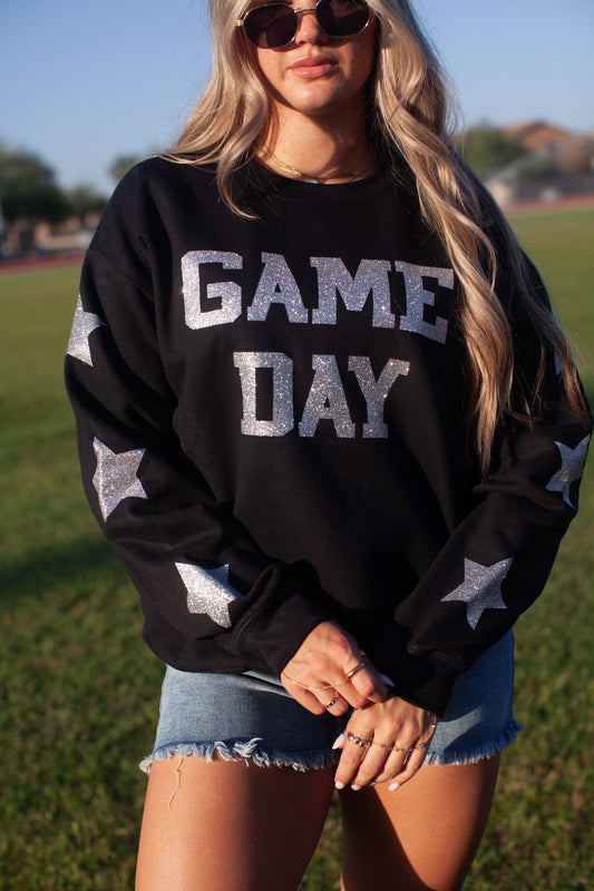 Glam girl glitter game day sweatshirt in black+ silver