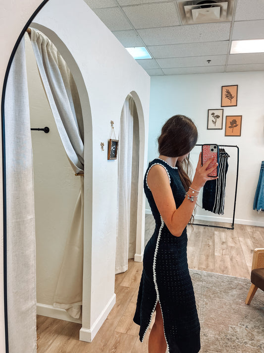 Black knit white binding midi dress