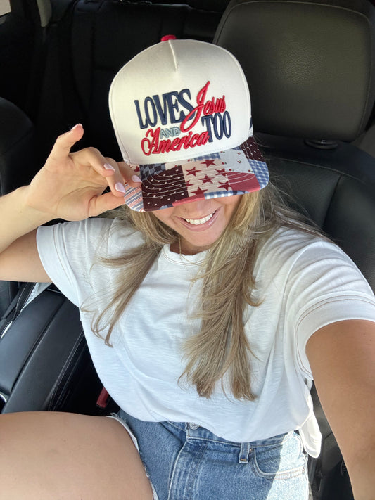 WHOLESALE PREORDER (ships to me 6/15) loves Jesus & America too hat