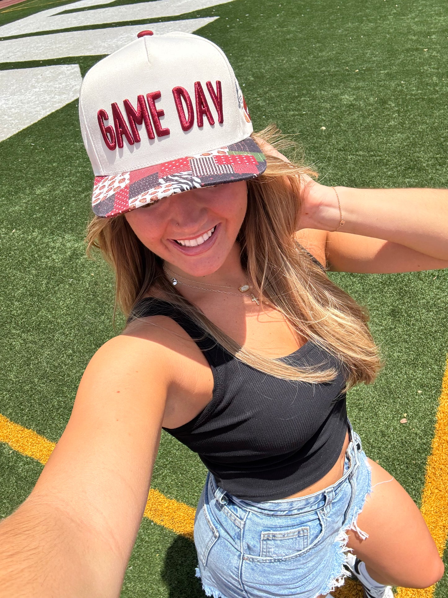 Red Patchwork gameday trucker hat (preorder ships 8/30)