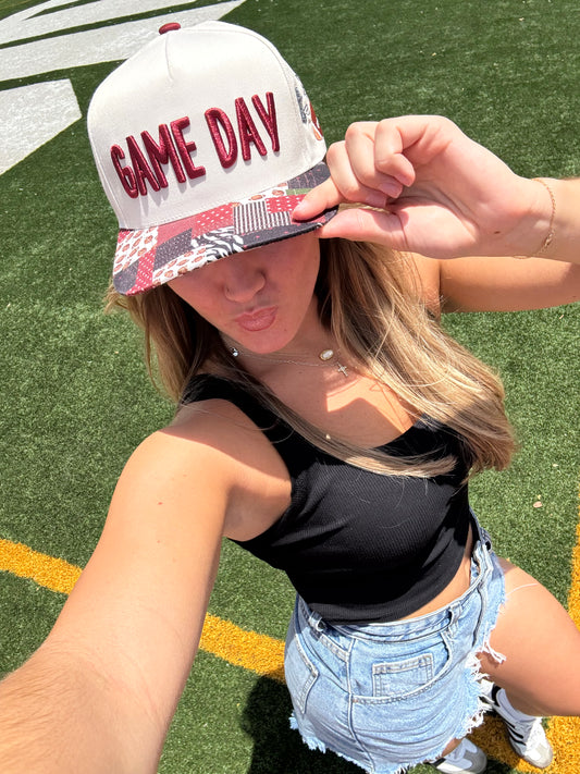 Red Patchwork gameday trucker hat (preorder ships 8/30)