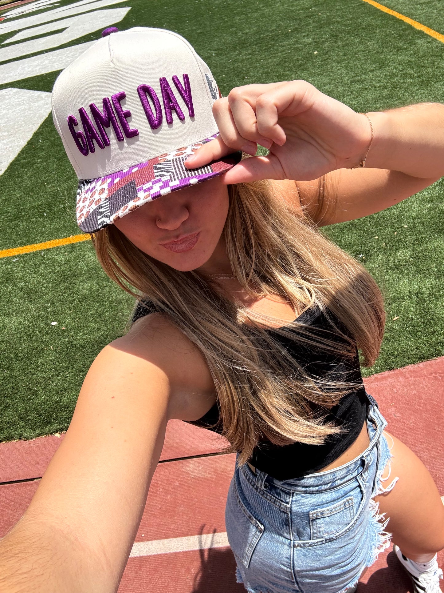 Purple Patchwork gameday trucker hat (preorder ships 8/30)
