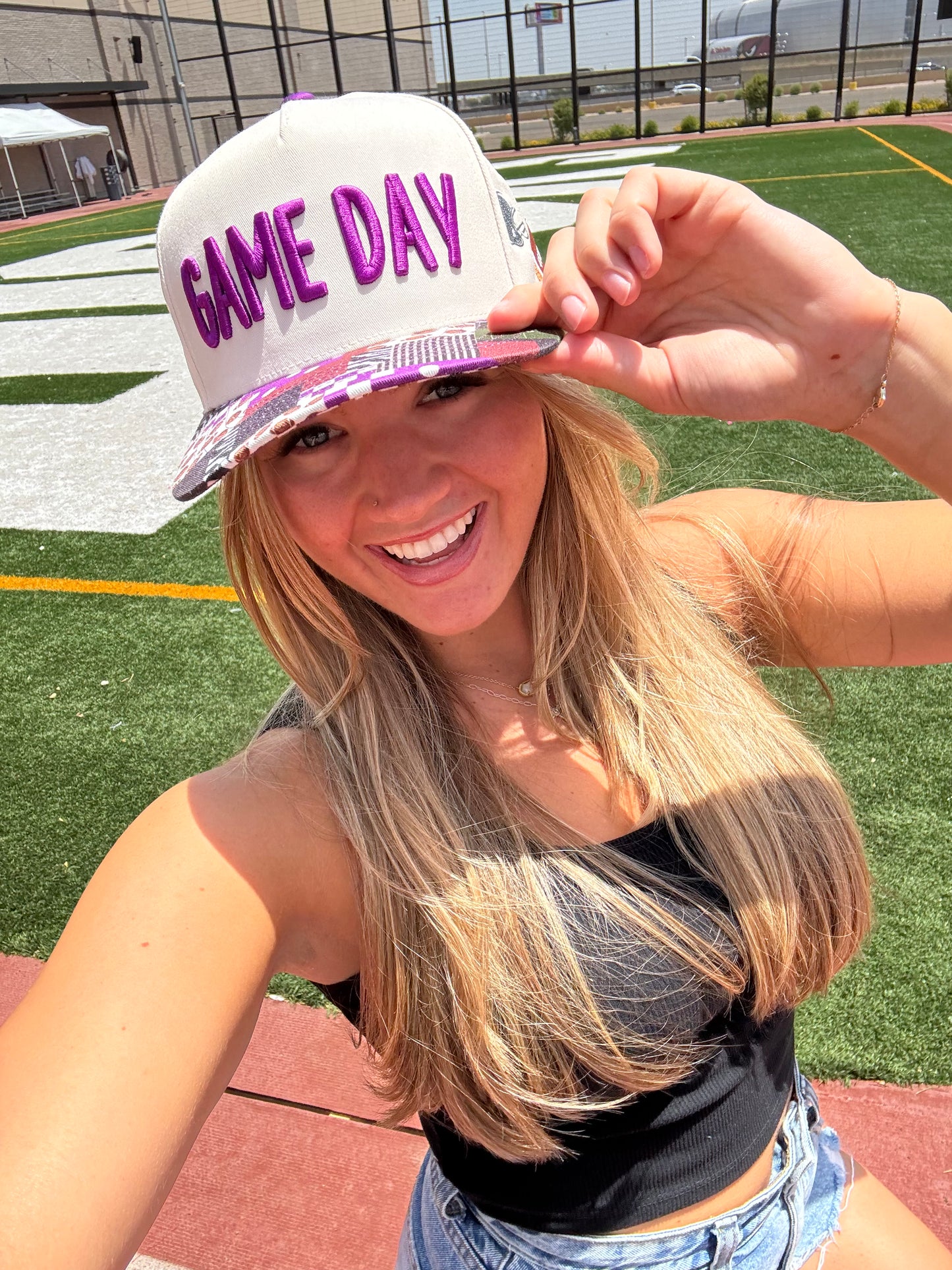 Purple Patchwork gameday trucker hat (preorder ships 8/30)