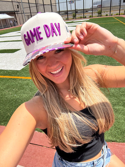 Purple Patchwork gameday trucker hat (preorder ships 8/30)