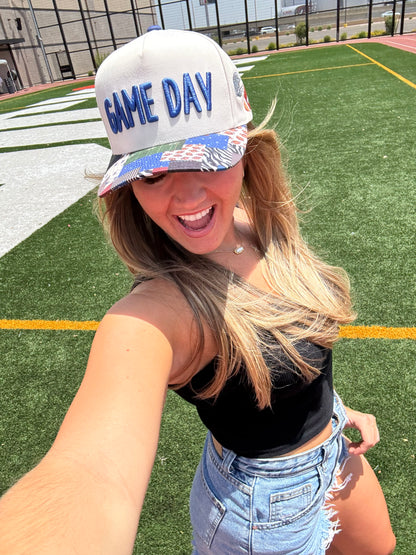 Blue Patchwork gameday trucker hat (preorder ships 8/30)