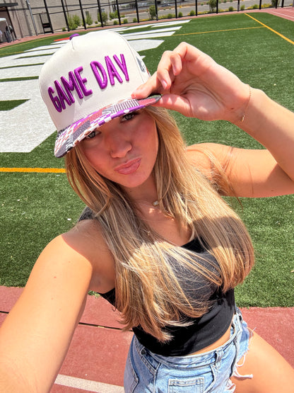 Purple Patchwork gameday trucker hat (preorder ships 8/30)
